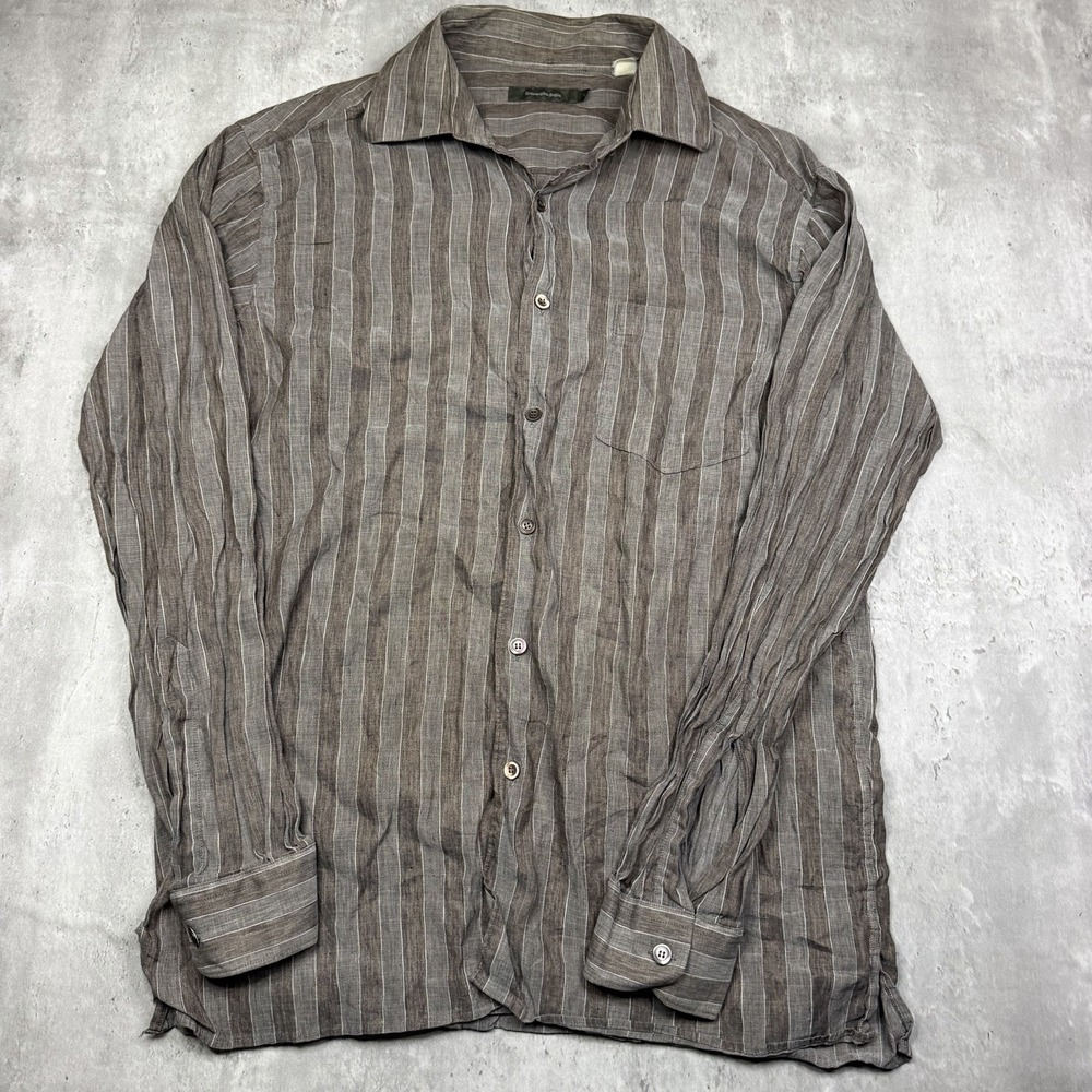 Ermenegildo Zegna Mens Brown Striped Linen Cotton Button Down Shirt Large